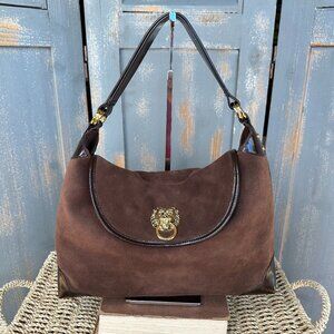 Lilly Pulitzer Lion's Head Suede Patent Shoulder Bag Brown